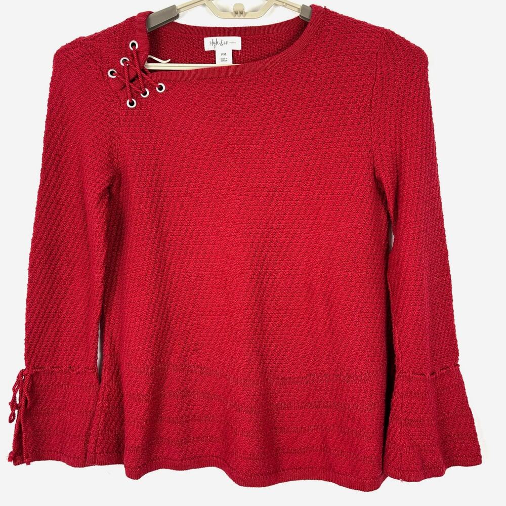 Style & Co. Red Metallic Sweater PM Medium Petite bell sleeve Y2K Holiday
